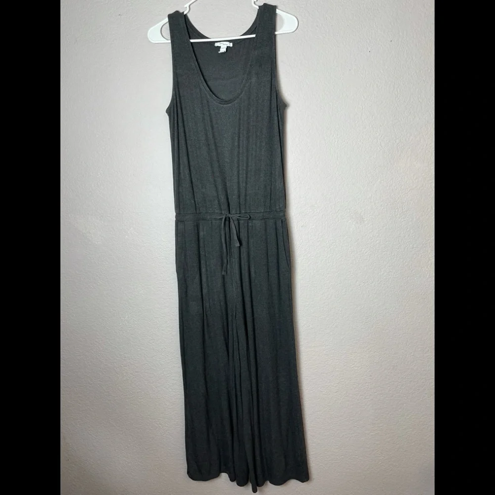 Daily Ritual Stretch Ribbed Drawstring Cropped washed out Gray Jumpsuit - Picture 2 of 8